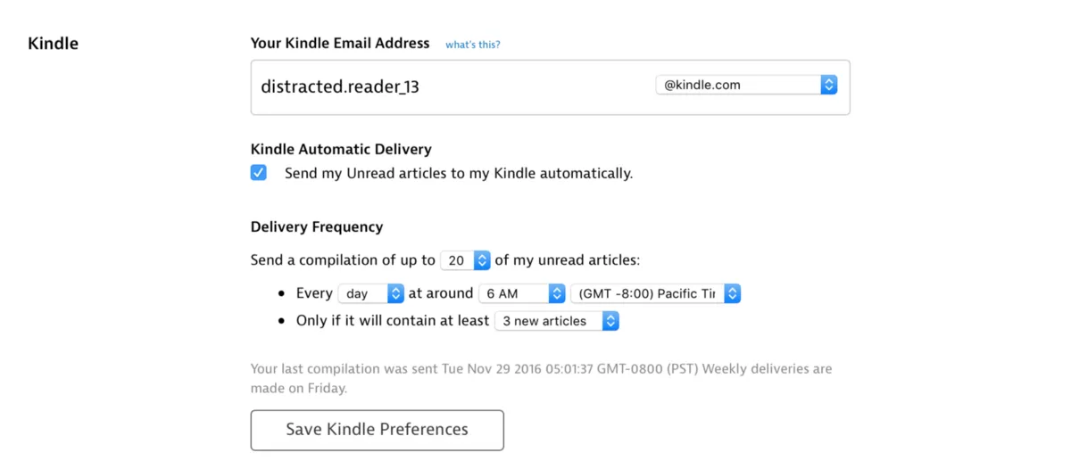 Instapaper's Kindle delivery settings